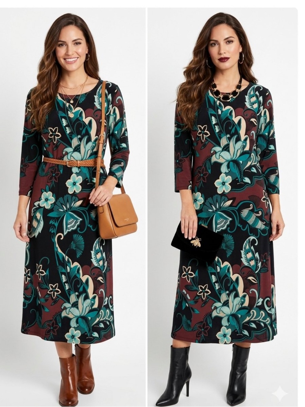 Chico's Travelers Dress Teal, Brown & Black Floral-Print Shift Dress 3/4 Sleeve